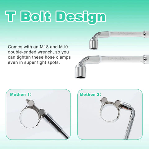 Stainless Steel T Bolt Hose Clamp Kit 32 Piece Set With Six Size Ranges 17 To 19mm 20 To 22mm 23 To 25mm 26 To 28mm 29 To 31mm 32 To 35mm Heavy Duty Adjustable Tube Clamps With M8 And M10 Socket Wrenches with wrench demonstration on tube.