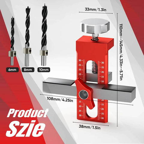 Must Have 3 In 1 Cabinet Door Mounting Jig With Support Base shown with drill bits and measurements, ideal for cabinet hinge positioning.