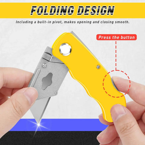 Close-up of hand holding a yellow 4 Pack Folding Utility Knife Box Cutter with Extra Blades, showing non-slip self-locking feature.