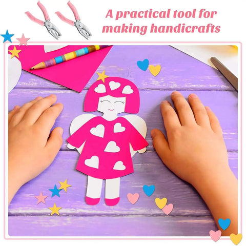 Two Piece Handy Handheld Paper Punch Set With Heart And Star Holes in use for DIY crafts, featuring heart-shaped cutouts on colorful paper.