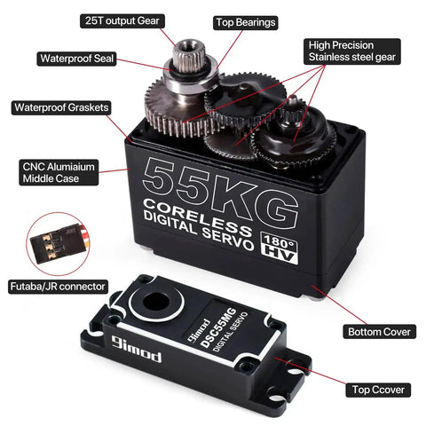 Beefy 55Kg High Torque Servo With Coreless Motor, High Speed HV 8.4V Waterproof Crawler Servo, Stainless Steel Gears, parts labeled