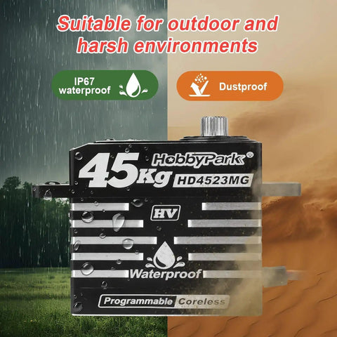 Waterproof 45Kg/cm Coreless HV RC Servo With Full Metal Gear 8.4V Beefy Torque Programmable Servo in rain and dust environment