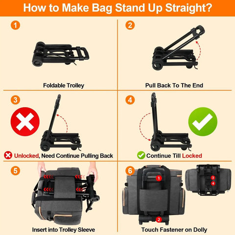 Instructions showing how to assemble the Detachable Trolley Rolling Teacher Tote Bag With Padded Laptop Compartment in elegant gray.