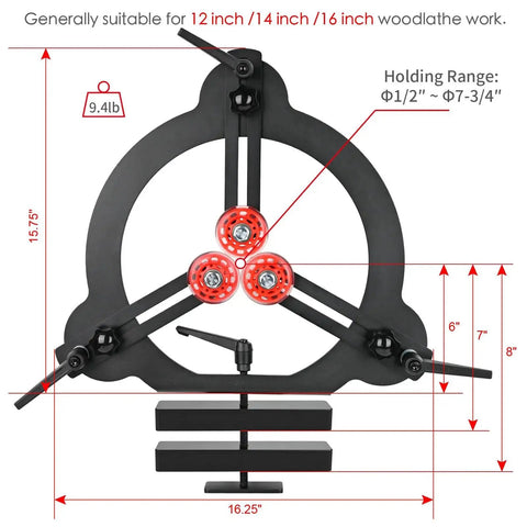 Front view of Wood Lathe Steady Rest for 12 Inch, 14 Inch, and 16 Inch Swing Lathes with rubber coated rollers and heavy-duty steel plate.