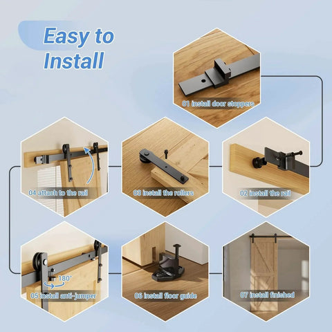 Installation steps for CCJH Six Point Six Feet Heavy Duty Sliding Barn Door Hardware Kit with door stoppers and floor guide.