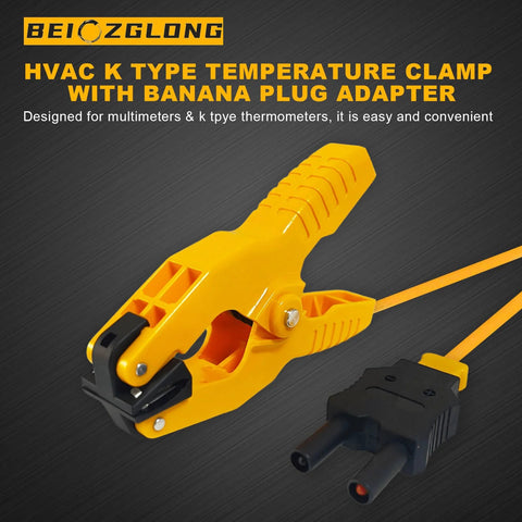 Yellow plastic HVAC K-type thermocouple pipe temperature clamp with banana plug adapter