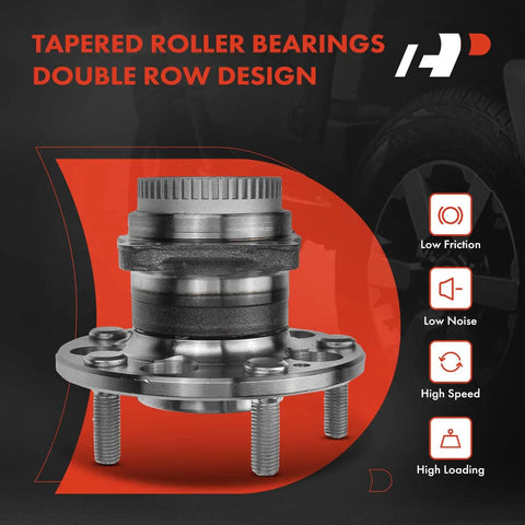 Close-up of wheel bearing hub assembly with tapered roller bearings, double row design for high speed and low noise performance.