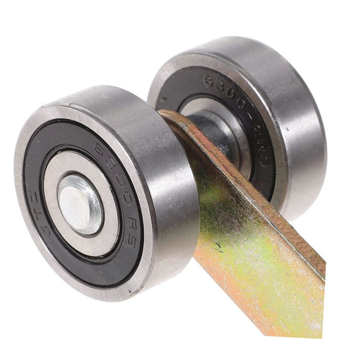 Close-up of galvanized iron 4 Pack Wheel Trolley Assembly Sliding Door Roller with double bearings, heavy-duty for garages.