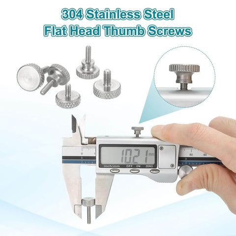 5 Pack M2 X 4mm Vernier Caliper Screws 304 Stainless Steel Flat Head Shoulder Thumb Screws With Diamond Knurl Grip shown with caliper