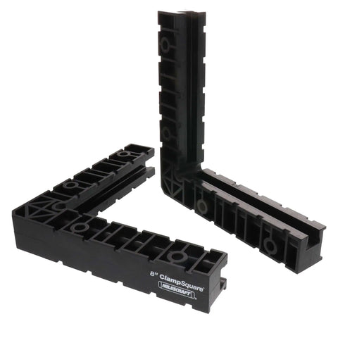 Fence Clamp Kit With 90 Degree Corner Clamps And Assembly Squares For Cabinets, Picture Frames, Shelving And More, Works On Interior Or Exterior Corners, Durable Six Piece Set shown in black plastic.
