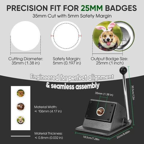 Heavy Duty Button Cutter For 25mm Badges And 35mm Rounds, showing dimensions and precision fit for badge making