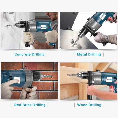 Drill in use for concrete, metal, brick, and wood with 10 Piece SDS Plus Drill Bit Set Carbide Tipped For Rotary Hammer Drills Ideal For Concrete Cement Porcelain Tiles Ceramic Stone Brick Includes Diameters Three Sixteenth Inch One Quarter Inch Five Sixteenth Inch Three Eighth Inch One Half Inch