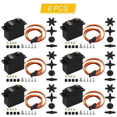 6-Pack High Speed Digital Metal Gear RC Servo, 55g each, shown with accessories, 180-Degree Sweep, Waterproof and Durable