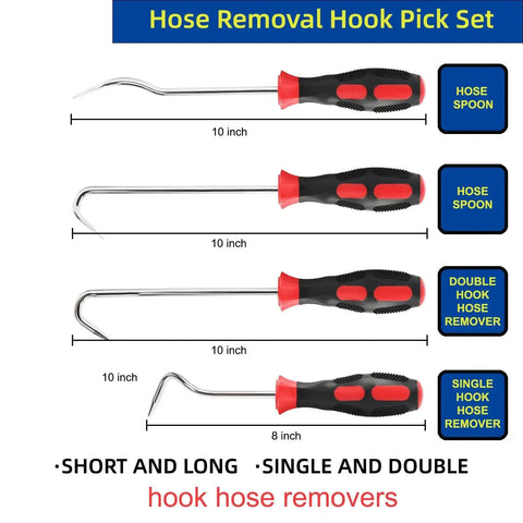 Radiator Hose Removal Tools Set With 8 And 10 Inch Picks 4 Pack Hose Pullers displaying tools with red and black handles.