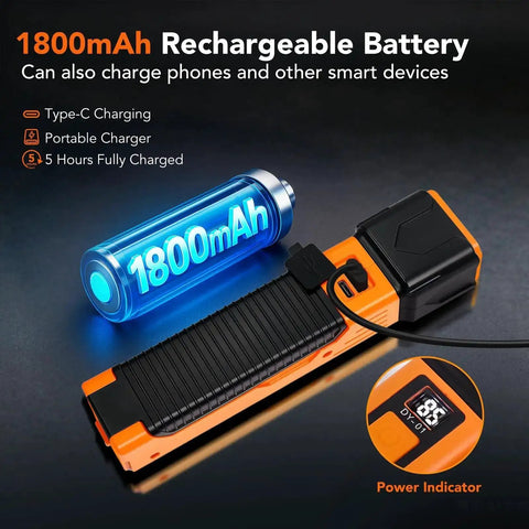 All In One Rechargeable Work Light With Dual COB Flood And LED Spotlight, 1800mAh USB C powered flashlight charging with battery indicator