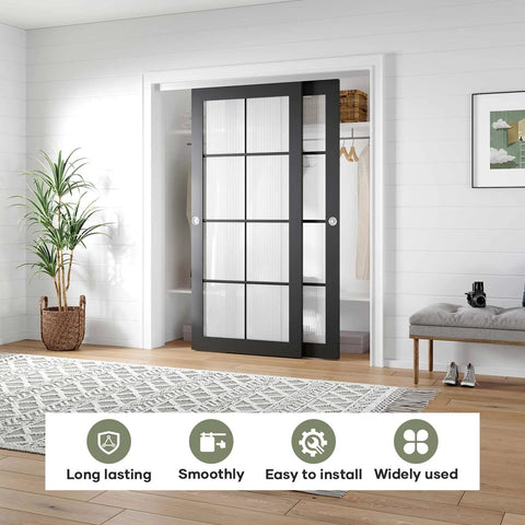 Bypass Pocket Door Hardware Kit 6 Foot 72 Inch Double Sliding System, aluminum track, installed with two doors in a modern room.