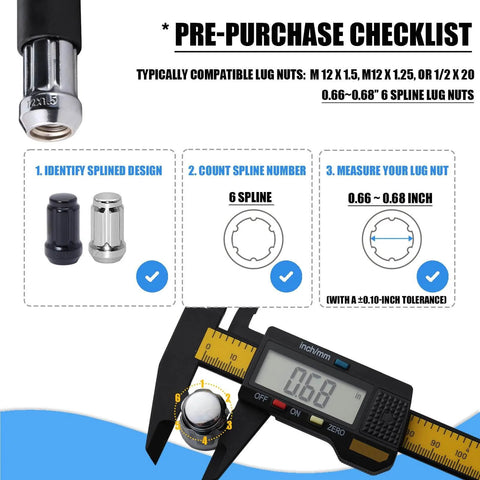 Graphic showing 2 Piece 6 Spline Lug Nut Socket Set For Locking Lug Nuts Removal Kit with caliper measuring lug nut diameter.