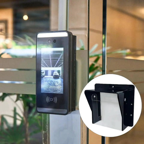 Rainproof Acrylic Enclosure Cover For Access Control Keypad With Clear Panel Rain Guard installed on a glass door with flip open design.