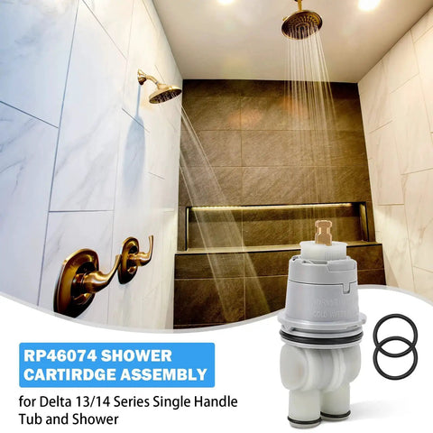 RP46074 Shower Valve Cartridge Replacement Kit For Delta 13/14 Series with shower scene and cartridge close-up