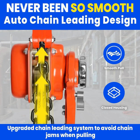 Close-up of 8 Ton Lever Chain Hoist With Double Pawl Brake 10 Ft Lift G80 Galvanized Steel showing chain leading design.