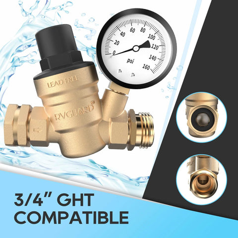 RV water pressure regulator valve, brass with gauge and inlet screen, 3/4" GHT, Amazon