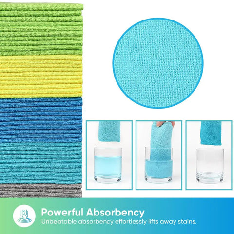 Ultra Absorbent Microfiber Cleaning Cloths 100 Pack Multi Color Towels Lint Free Scratch Free Rags for Home Kitchen and Car Detailing Durable 11.5x11.5 Inch stacked in various colours with a close-up of a blue cloth.