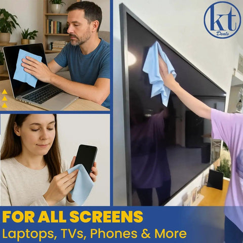 People using Large Microfiber Cleaning Cloths For Glasses And Screens Reusable Non Scratch on laptop, TV, phone screens.