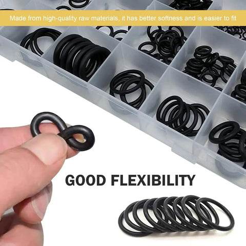 Hand holding flexible O-ring from Premium O Ring Kit For Every Fix For DIYers And Pros With 300 Piece Nitrile Rubber Assortment In 18 Sizes