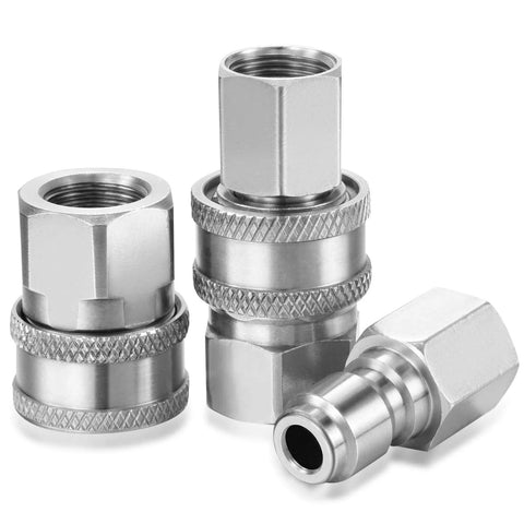 Two sets of stainless steel NPT 3/8 inch quick-connect pressure washer adapters, male and female