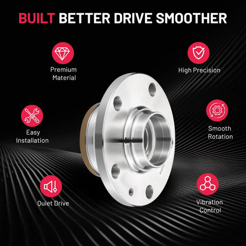 Drop In Rear Wheel Bearing And Hub Assembly For Audi Q3 TT 2008 2018 And VW Arteon Beetle CC Eos Golf GTI Jetta Passat Tiguan 2005 2020 5 Lug Two Piece Set Replacement displayed with feature icons