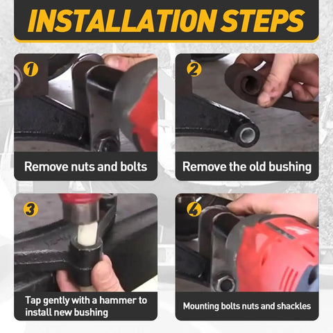 Installation steps for Nylon Trailer Leaf Spring Bushings 9 16 Inch ID And 1 3 4 Inch Outer Diameter Universal Fit Eight Pack For Slipper Trailer Leaf Springs And Equalizers Graphite Impregnated Durable Nylon Corrosion Resistant.