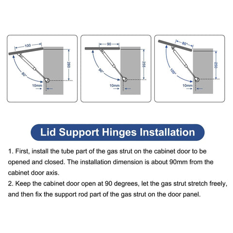 Installation instructions for Lid Support Hinge 20N Gas Struts Soft Close Folding Lid Stay Hinges Uxcell 2 Pack on cabinet.