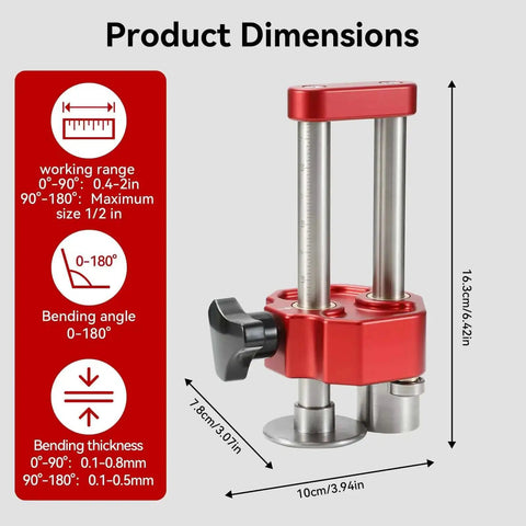 Dimensions of lightweight 1 station sheet metal roller bender with red base, for fabrication and roofing tools, bends 0 to 90 degrees.