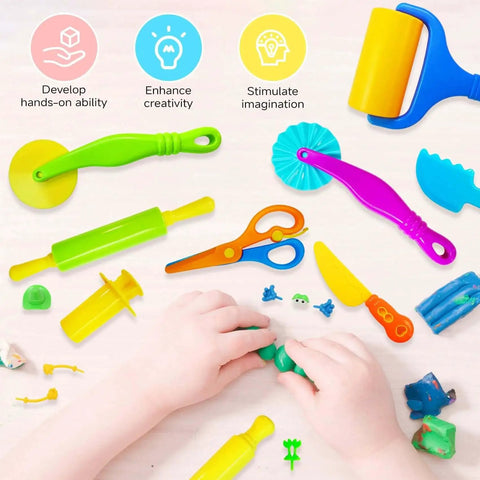 Creative 28 Piece Dough And Clay Tools Kit For Kids With Animal Cutters, rolling pins, safety scissors, dough extruder visible.