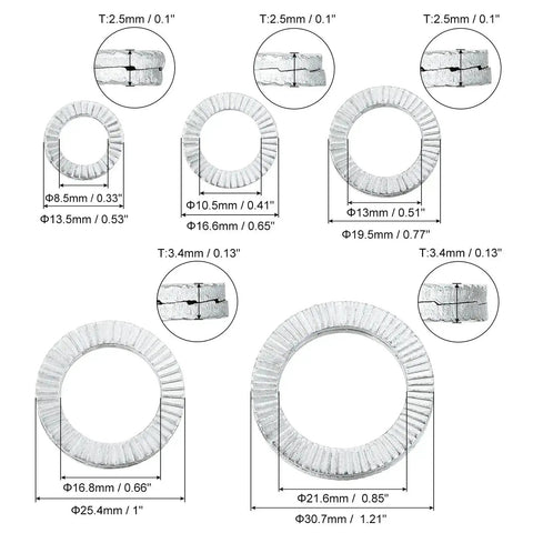 Wedge Locking Washers For M8 M10 M12 M16 M20 Bolts, 60 Pieces, Beefy Manganese Steel, Vibration Resistant Safety Washers, Assortment Kit, DIN 25201 Standard, various sizes with measurements.