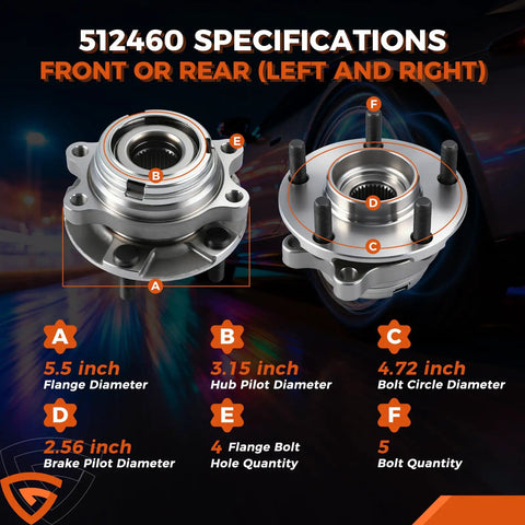 Rear And Front Wheel Bearing And Hub Assembly Kit For Ford Explorer 2011 To 2018 And Police Interceptor Utility Front And Rear 5 Lug Hubs With ABS Durable Replacement For Rough Roads Direct Fit displayed with dimensions