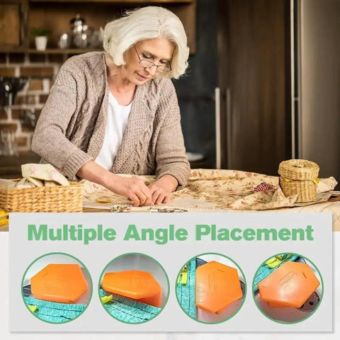 Upgraded Magnetic Seam Guide For Sewing Machines With Polygonal Design, orange tool on sewing table, four angles shown below.