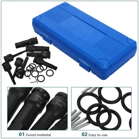 TOPPERFUN 8-piece 1/2-inch drive impact wrench sleeve kit in a blue plastic case with hex sockets and adapters.