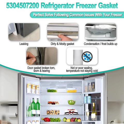 Upgraded 5304507200 Refrigerator Door Gasket For Frigidaire Kenmore Freezers shown with common freezer issues like leaks and dirt.