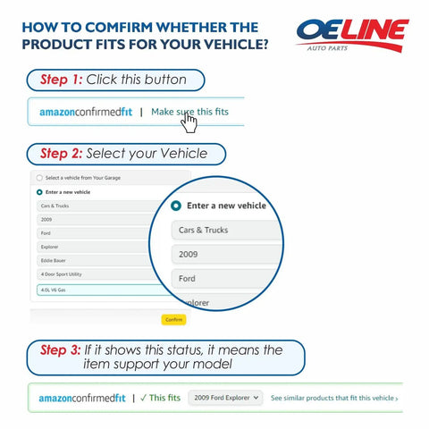 Steps to confirm product fit for vehicle on Amazon with vehicle selector and fit status guidance