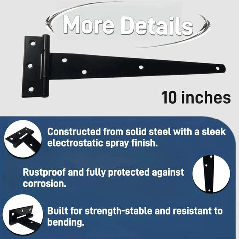 10-inch T gate hinge heavy duty black strap design with rustproof finish and solid steel construction details shown.