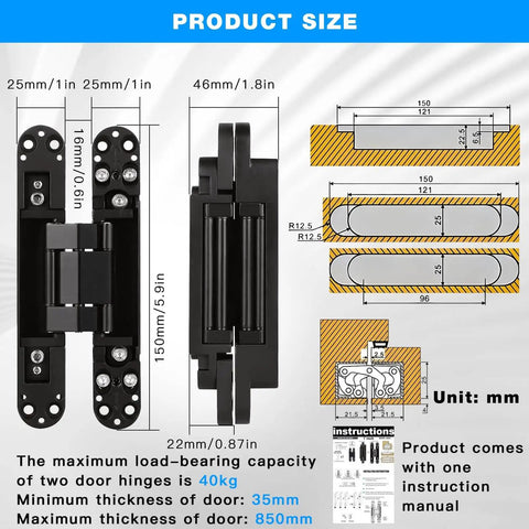 Diagram of Hidden Door Hinges 6 Inch Heavy Duty 2 Pack Concealed 3D Adjustable Butt Hinges with measurements and instructions