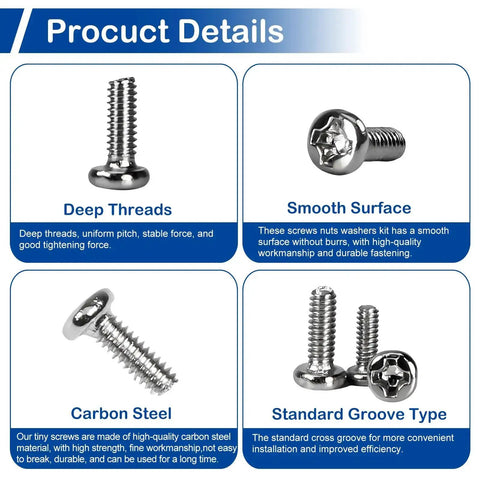 Product details showing huge 1600pcs tiny Phillips pan head machine screws set for eyeglasses RC models electronics and DIY projects nickel plated carbon steel metric micro screws from M1 to M1.7 with deep threads, smooth surface, carbon steel, and standard groove type.