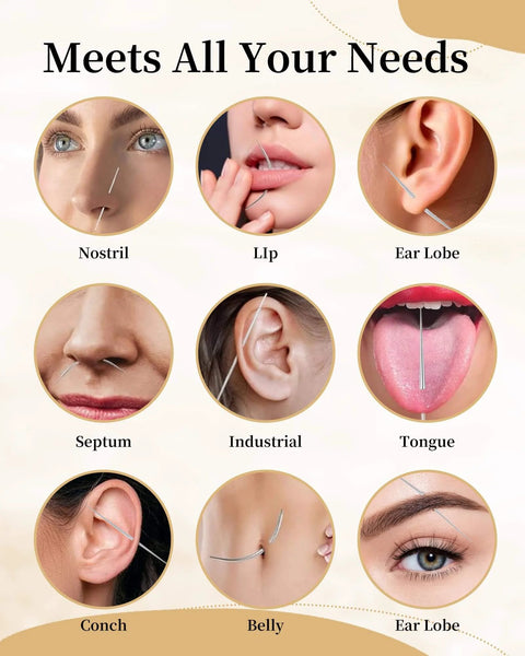 Pro Grade Piercing Kit With Ball Grabber And 16G 18G Tapers For Easy No Fuss Jewelry Changes Flat Back Earrings Applicator Tool Threadless Insertion Pin And All In One Body Piercing Set For Ears Nose Lip Eyebrow shown in use for various piercings