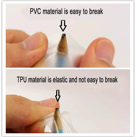 Comparison of PVC and TPU material durability, highlighting TPU's resilience in the 20 Pack TPU Pool Patch Repair Kit For Air Mattress Pools Bounce Houses Tents Canopies Floats And Inflatable Toys With 2 Pieces Plastic Deflate Tubing Waterproof High Strength Patches With Clear Adhesive.