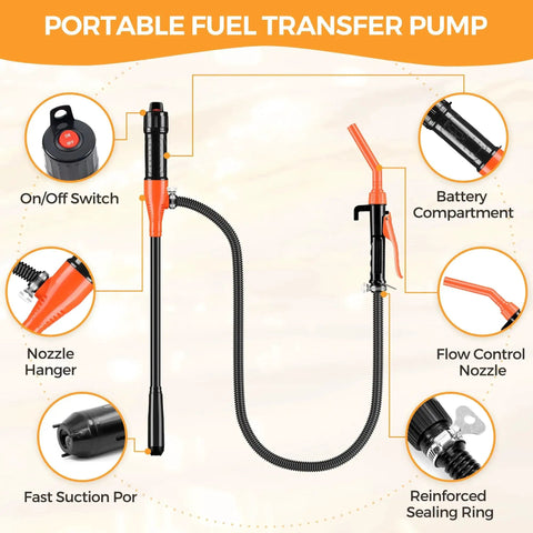 Portable 3 GPM Fluid Transfer Siphon Pump Battery Powered Oil Line Orange Red with on/off switch and flow control nozzle