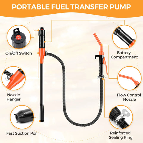 Detailed view of Portable Electric Fuel Transfer Pump 3 GPM Battery Powered Siphon For Oil And Fluids With Adjustable Flow Control Nozzle Orange