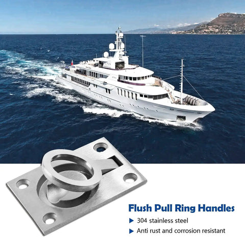 Set Of 2 Flush Mount Ring Pull Handles In Stainless Steel 304 with yacht background, ideal for marine boat deck access