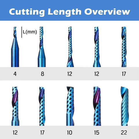 Ten Piece One Eighth Inch Shank Carbide Spiral O Flute End Mills Set For CNC Router Bits Nano Blue Coat Genmitsu OS10A displayed with lengths