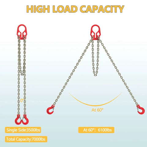 WowDIY lifting chain sling with two legs and adjuster hooks, 5/16 in × 10 ft, 7000 lbs capacity, front view